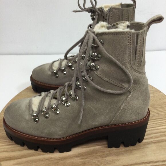 Jeffrey Campbell Stanley Faux Fur Trim Lace Up Hiker Boots Suede Taupe Beige 5.5 - Picture 5 of 14